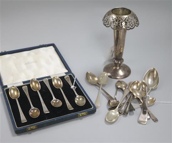 A pierced silver specimen vase (weighted), a set of 6 coffee spoons, cased and sundry silver flatware.